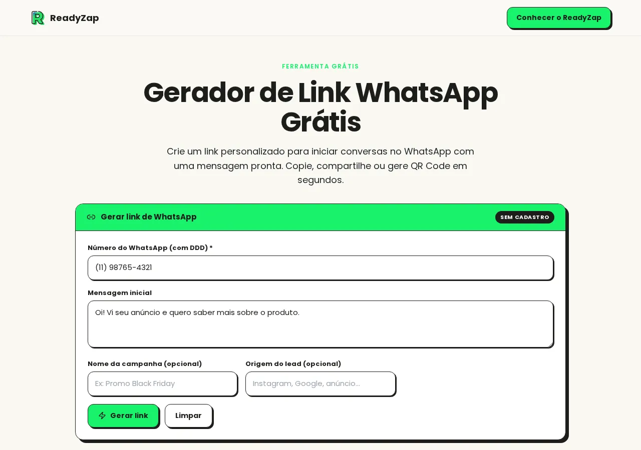 Formulário do gerador de link WhatsApp preenchido com número e mensagem