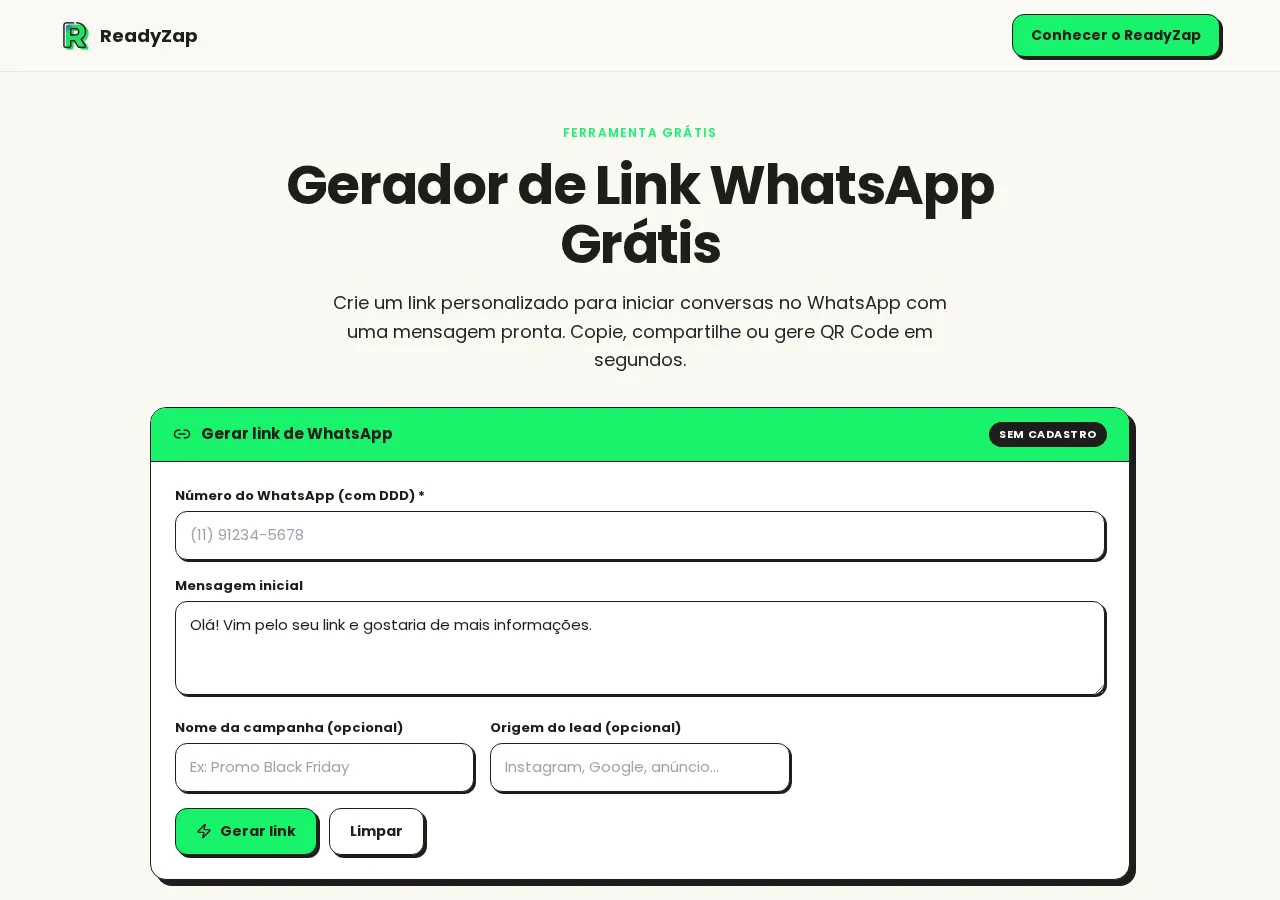 Gerador de Link WhatsApp com o formulário vazio, pronto para preencher