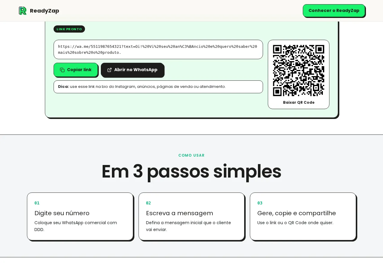 Resultado: link WhatsApp gerado com QR Code pronto para baixar