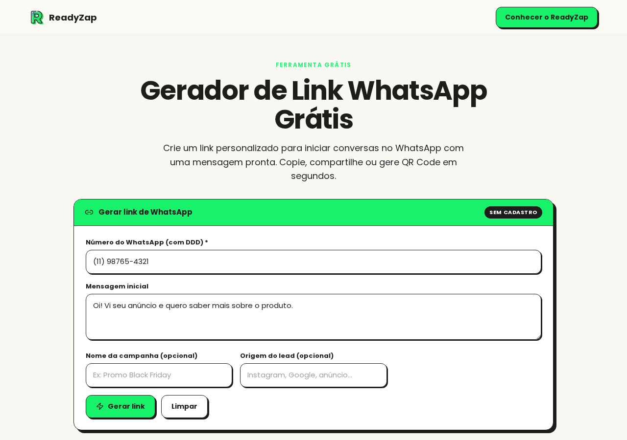 Formulário do gerador de link WhatsApp preenchido com número e mensagem
