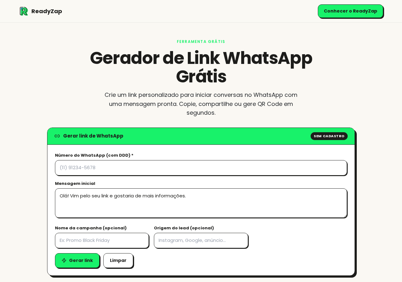 Gerador de Link WhatsApp com o formulário vazio, pronto para preencher